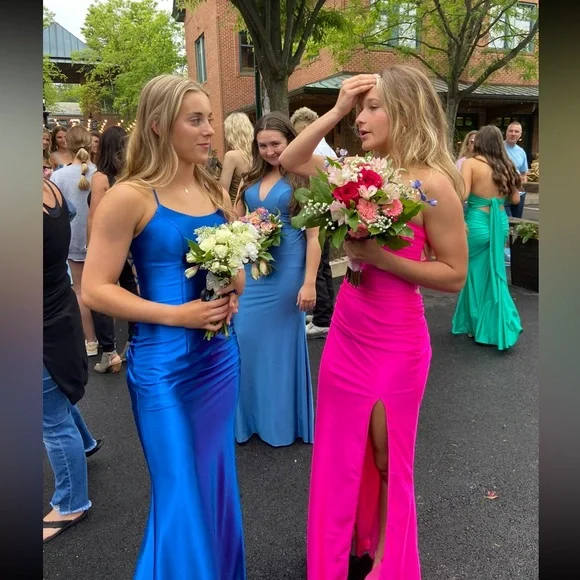 Faviana Cobalt Blue Satin Scoop Neck Dress With Lace Up Back | ES10890 - Picture 2 of 5